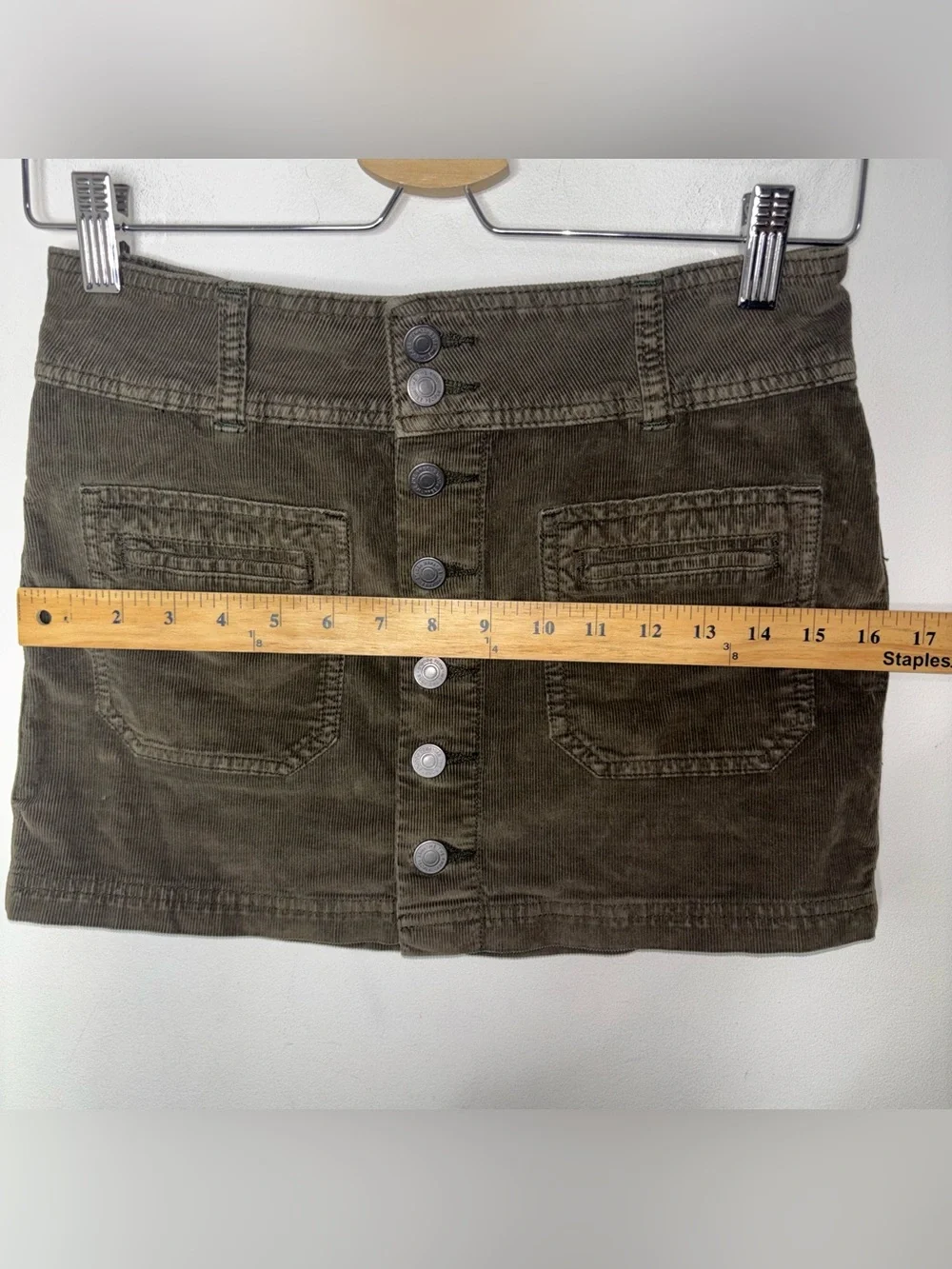 We The Free People Joanie Olive Green Corduroy Button Front Mini Skirt 24 XXS